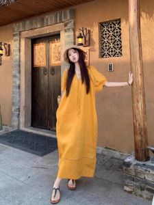 Yellow Lantern Sleeve Dress Womens Summer V-neck Short Sleeve Dress Seaside Vacation Style Loose Slim Looking Linen Dress