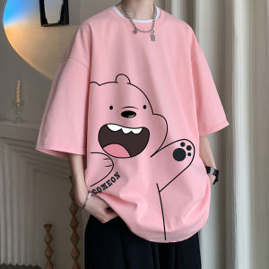 Couples Cotton T-Shirts 2024 New Style Gentle Pink Bear Heavyweight Short Sleeve Mens Pure Cotton Half Sleeve T-Shirt
