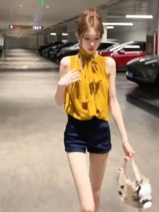 VKSOD | Elegant French Style Yellow Shirt And Short Shorts Set Womens Fashionable Tight Fit Summer Outfit With Belt Stylish Ensemble