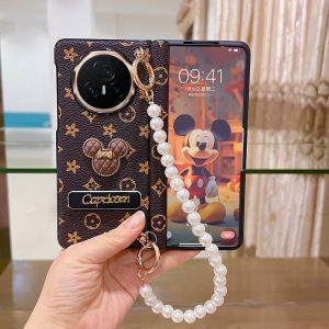 เคสหนัง PU สุดหรูสำหรับ Honor เคส V3วิเศษมีขาตั้งพับได้มิกกี้น่ารักลายการ์ตูนฟิล์มกระจกพลาสติกกันกระแทกอุปกรณ์โทรศัพท์ป้อกันตัวเครื่องเต็มเคสสำหรับ MagicV3 Huawei