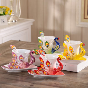 Premium Quality Ceramic Creative Peacock Bone China Coffee Cup Personality High End Elegant Design Female High Aesthetic Value