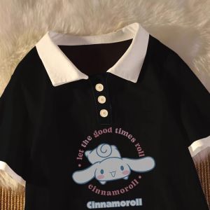 เสื้อยืดคอโปโลผู้หญิงแขนสั้นทรงหลวมสไตล์ญี่ปุ่น 100% ผ้าฝ้าย ทรงหลวม แขนสั้น แฟชั่นฤดูร้อน เสื้อยืดคอกลม