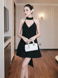 Sleek Elegant Black Dress Halter Neck Backless Waist Shaping