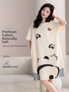 Miiow | Pure Cotton Sleep Dress Women Summer With Chest Pad Loose Breathable Girls Nightgown Home Clothes Cartoon Panda Design