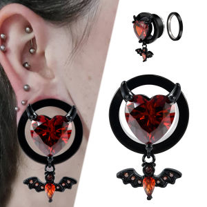 1/2PCS Stainless Steel Heart Red Zircon Pendant Ear Gauges Plugs Tunnels Ear Stretchers Bat Earrings Expander Piercing Jewelry