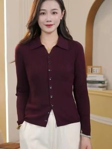 เสื้อคาร์ดิแกนถักคอปกสเวตเตอร์ผ้าขนสัตว์สำหรับผู้หญิง ฤดูใบไม้ร่วง/ฤดูหนาว 2025 ใหม่ ลำลอง กระชับสัดส่วน เสื้อตัวบน แขนยาว