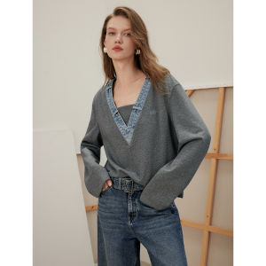 Elle French Style Spliced Denim Sweatshirt Womens Casual Overhead Fashionable Top for Commuting Autumn New Design Cotton Polyester Blend