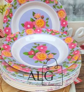 promo gratis sendok 12.piring makan bulat cekung motif kembang terbaru