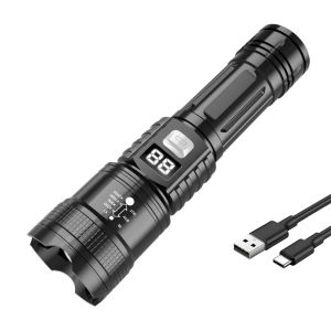 High Power LED Flashlight Super Bright USB Rechargeable Tactical Torch Power Display Outdoor Camping Light Portable Fishing Lamp