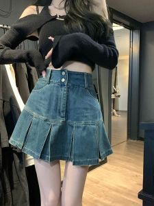 Váy Ngắn Chữ a Cạp Cao Cho Nữ Mùa Hè Cỡ Lớn Che Bụng Thon Gọn Đa Năng Bằng Vải Denim Cotton Phong Cách Đường Phố