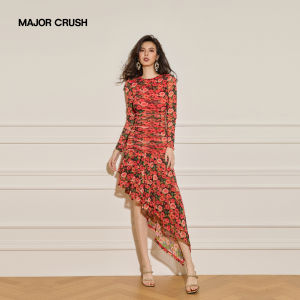 Autumn New Floral Sunset Begonia Irregular Hem Midi Dress