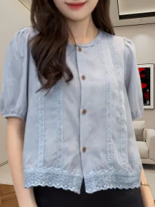 Áo Sơ Mi Nữ Dáng Rộng Cổ Tròn Màu Trơn Mùa Hè 2024 Mới Về Tay Ngắn Họa Tiết Hoa Phong Cách Hàn Quốc