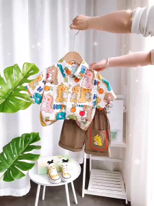 2 in 1 Short Sleeve Kids Shirt & Short Pant Set Korean Dinosaur