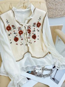 Womens Knitted Embroidered Open Cardigan Vest Spring Summer New Style Layered Hollow out Outerwear Tank Top V-neck Short