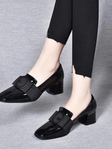 Genuine Leather Single Shoes for Women Square Head Medium Heel Spring Autumn New Style Patent Leather Shoes Korean Version
