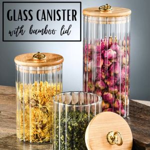 Locaupin Borosilicate Glass Kitchen Canister Jar Container with Bamboo Lid Metal Ring Handle Airtight Container Storage