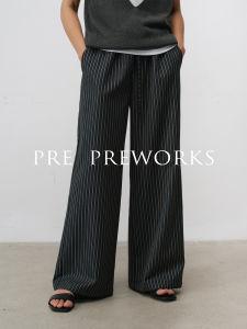 PRE PREWORKS Retro Woolen Striped Casual Straight Leg Trousers Natural Waist Long Pants for Women Commute Style Polyester Blend