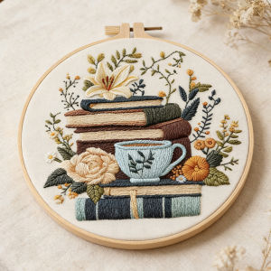 1SET Embroidery Kit Coffee Cup Flower Book Patterns DIY Crafts Cross Stitch Kits With Hoop Handmade for Beginner