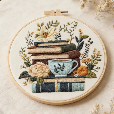 1SET Embroidery Kit Coffee Cup Flower Book Patterns DIY Crafts Cross Stitch Kits With Hoop Handmade for Beginner