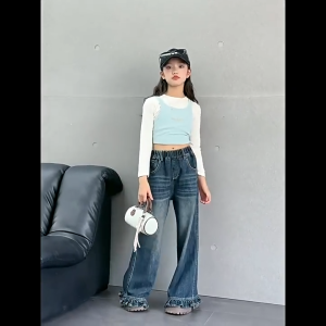New Jeans For Kids Girl 7-15 Yrs Retro Ruffles Baggy Pants For Kids Girl Washed Denim Flared Pants For Kids Maong Pants For Kids Girl OOTD For Kids Girl