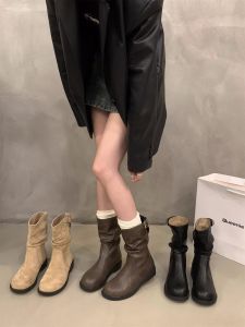 Retro Thick Heel Martin Boots Womens Mid-Calf Fleece Lined Short Boots Autumn Winter Fashion Boots round Toe Rubber Outsole