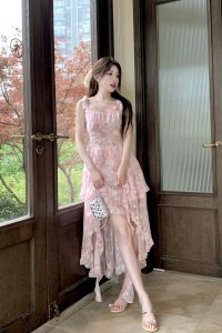 Summer Womens Dress Short Front Long Back Strapless Floral Print Gown Gentle Fairy Style Pink Color Asymmetrical Hemline