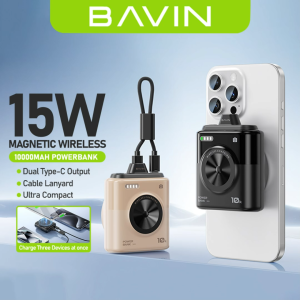 BAVIN PC1186 10000mAh Mini Portable Magnetic Wireless Powerbank 15W Fast Charging w/ Detachable Dual Type-C Data Cable