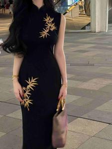 New Chinese Style Gold Bamboo Improved Cheongsam Womens Summer New Artistic Retro Waist Cinching Sleeveless Dress Gown