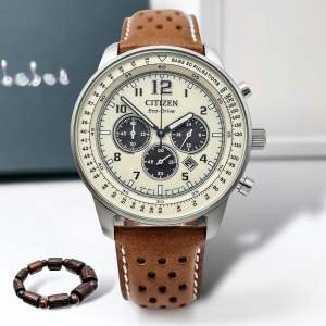 ĐỒNG HỒ NAM CHÍNH HÃNG Citizen CA4500-16X Choronograph Eco-Drive Brown Leather For Men White Dial
