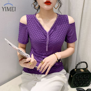 Áo Tím 2023 Cổ Chữ V Đính Cườm S ~ 3XL YIGE Trang Phục Mùa Xuân Mới Áo Thời Trang Xếp Li Thon Áo Thun Trễ Vai Ngắn Tay Xu Hướng Cho Nữ