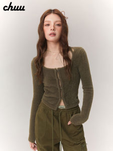 Chuu Embroidered Letter Long Sleeve Knitted Sweater Womens Winter Hollow out Shoulder Furry Open Cardigan Top Korean Style Slim Fit