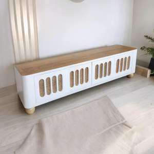 (รอทำ 25 วัน) ไซด์บอร์ดไม้สักแท้ ชั้นวางทีวีไม้สัก กว้าง 200 x สูง 55 x ลึก 45 cm. Teak Wooden Cabinet Sideboard White Color.