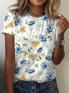 Womens Tee - Blue & Yellow Floral Pattern Graphic Fresh Watercolor Meadow Design for Casual Daily Wear