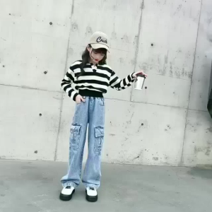 Celana Jeans Cargo Highwaist Anak Perempuan Full Length Motif Basic Snow Blue/Snow Black