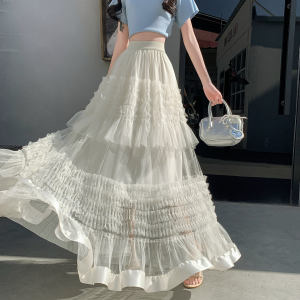 High Waist A-Line Long Lace Layered Tulle Skirt Elegant Full Fairy Skirt Commute Style Pure Color Polyester Fiber 100%