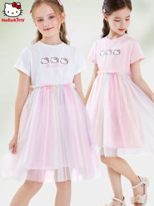 Kitty Cat Girls Dress Childrens Knitted Skirt Summer New Net Skirt Short Sleeve Thin Large Child Puffy Skirt Cotton Blend Fabric