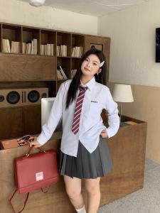 Ajia Home Original Korean-Style Striped Cotton Short Sleeve Shirt and Pleated Skirt Set for Plus Size Women