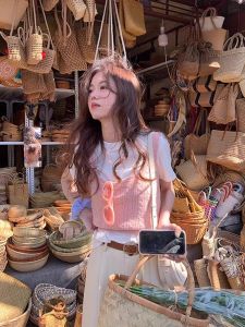 Áo Len Dệt Kim Ngắn Màu Hồng Ngọt Ngào Áo Khoác Ngoài Thường Ngày Cho Nữ Áo Len Dệt Kim Hở Lưng Thời Trang Xuân 2024