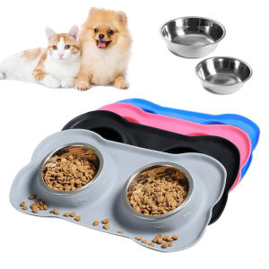 Stainless Steel Pet Dog Feeder Silicone Anti-spill Cats Dog Double Bowl Pet Feeding Drinking Water Bowls Dog Food Dispenser