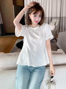 เสื้อยืดแขนสั้นผู้หญิง ทรงหลวม คอตั้ง สีพื้น ดีไซน์เข้ารูป ทรงกระโปรงเด็กผู้หญิง ฤดูร้อน 2025 เสื้อผ้าทำงานสไตล์เกาหลี
