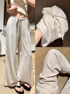 Casual Summer Wide Leg Pants Womens Thin Cotton Linen Stripe Drapey Loose Fit Small Size High Waist Straight Cut Trousers