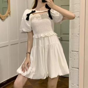 French Court Style Short Skirt with Puffy Sleeves Waist Cinching Design Folded Slimming A-Line Silhouette for Women Summer Fashionable