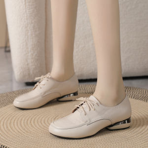 Comfortable Casual Low Heel Genuine Leather Womens Shoes Deep Mouth Lace-Up Flats British round Head Spring Autumn Single Shoes