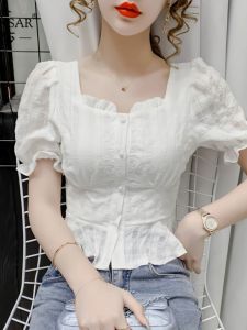 Summer New Korean Style Short Sleeve Ruffle Hem Shirt Design Sensation Small Audience Elegant Square Collar Chiffon Blouse Set