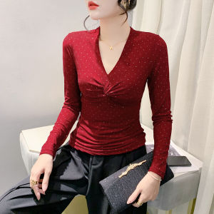 Yimei Áo lót màu đen thắt nút thời trang áo Áo dáng ôm cổ chữ V Hàn Quốc Áo Thun đẹp tỏa sáng kim cương nổi bật