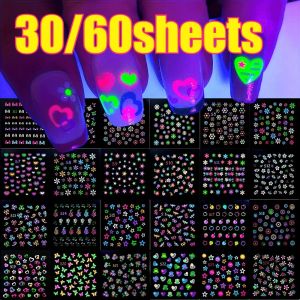 30/60Sheets 3D Glow in The Dark Neon Nail Stickers Nail Art Decorations Glittery Glossy Self-Adhesive with Butterfly Love Heart