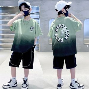 Boys Fashionable Summer Short Sleeve Suit Childrens Childrens Online Red Handsome Sports Summer Tide Clothes 8-Year-Old 9 Boys