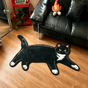 VIKAMA Tuxedo Cat Shaped Fluffy Rug Black White Cute Stretching Kitty Non Slip Bedroom Sofa Entry Decor Carpet