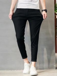 Spring Summer New Style Korean Version Elastic Pure Black Jeans Mens Trendy Slim Fit Cuffed Retro Simple Nine Points Pants