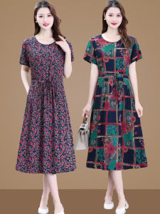 ผ้าฝ้ายผ้าไหมชุดแม่หลวมพอดีเอวเสื้อสวมหัวลายดอกไม้สไตล์ลําลองความยาวกลางถึงยาวแขนกุดฤดูร้อนชุด